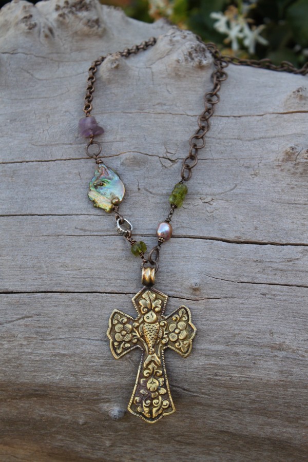 WM6134 Lotus Flower /& Floral Details by TibetanBeadStore Tibetan Reversible Howlite Turquoise Cross Pendant with Repousse Brass Bail